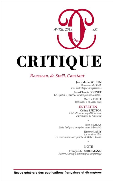 critique, n° 851. rousseau, de staël, constant