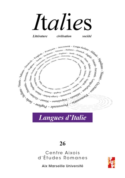 couverture du livre Italies : littérature, civilisation, société, n° 26. Langues d'Italie : dialectes, plurilinguisme et création