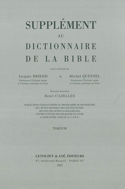 Supplément au Dictionnaire de la Bible. Vol. 13. Targum