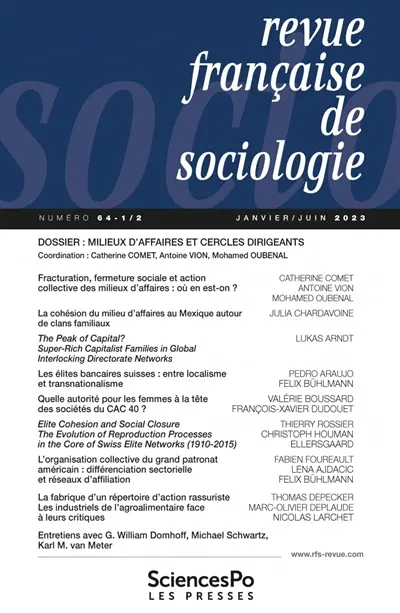 Revue française de sociologie, n° 64-1. Milieux d'affaires et cercles dirigeants
