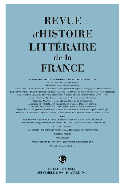 Revue d'histoire littéraire de la France, n° 3 (2019). Le musée du Louvre et les écrivains entre deux siècles (1874-1926)