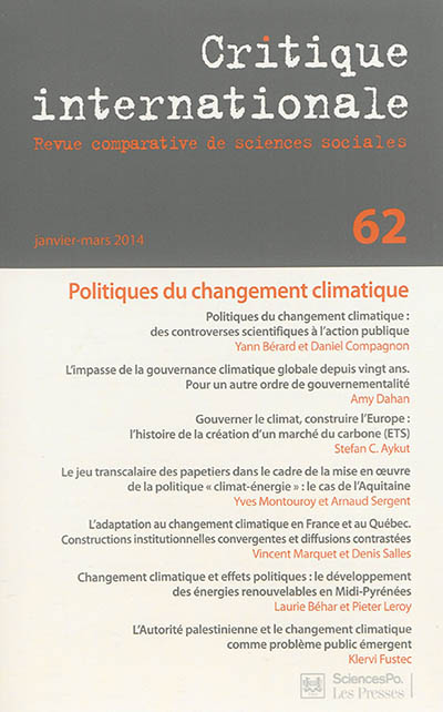 Critique internationale, n° 62. Politiques du changement climatique