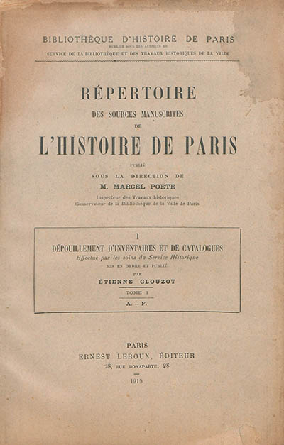 Répertoire des sources manuscrites de l'histoire de Paris