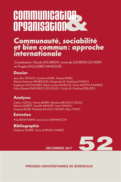 Communication & organisation, n° 52. Communauté, sociabilité et bien commun : approche internationale