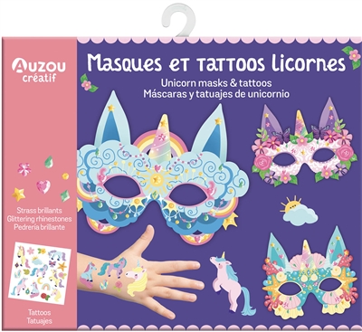 masques et tattoos licornes. unicorn masks & tattoos. mascaras y tatuajes de unicornio