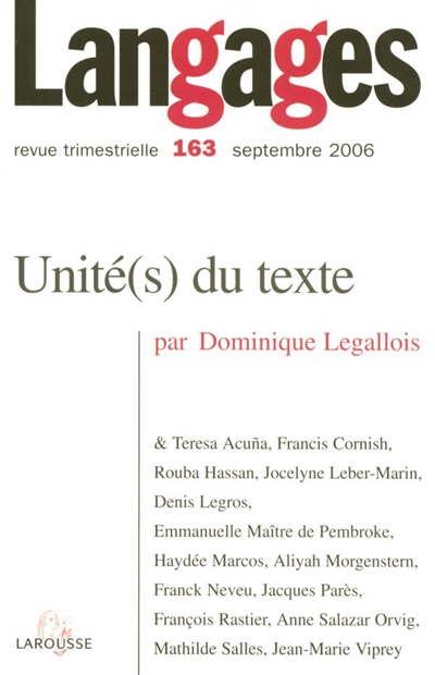 Langages, n° 163. Unité(s) du texte