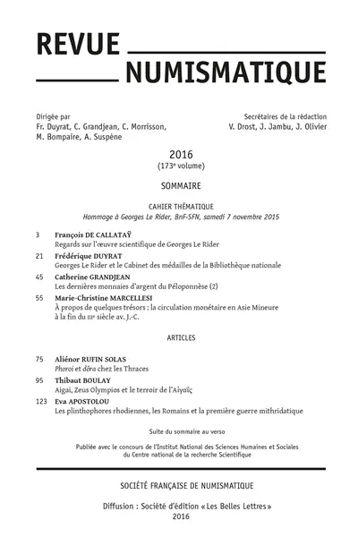 Revue numismatique, n° 173. Hommage à Georges Le Rider, BnF-SFN, samedi 7 novembre 2015