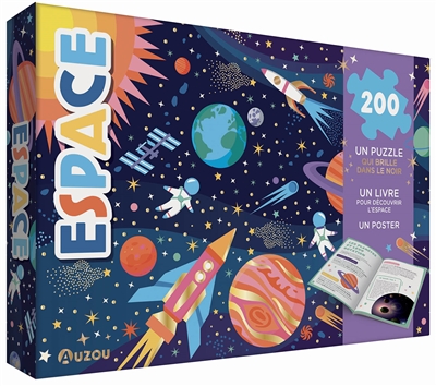 couverture du livre Espace : un puzzle qui brille dans le noir, un livre pour découvrir l'espace, un poster