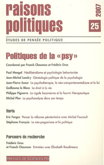 Raisons politiques, n° 25. Politiques de la psy