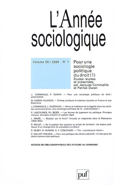 Année sociologique (L'), n° 1 (2009). Pour une sociologie politique du droit, 1