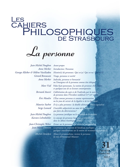 Cahiers philosophiques de Strasbourg (Les), n° 31. La personne