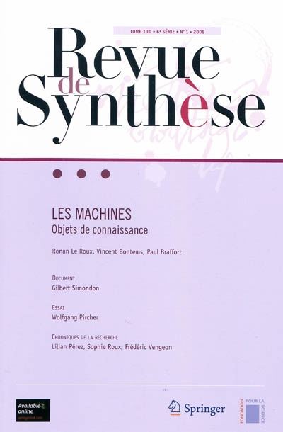 Revue de synthèse, n° 130-1. Les machines : objets de connaissance