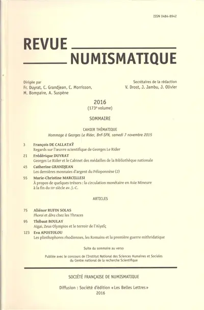 Revue numismatique, n° 173. Hommage à Georges Le Rider, BnF-SFN, samedi 7 novembre 2015