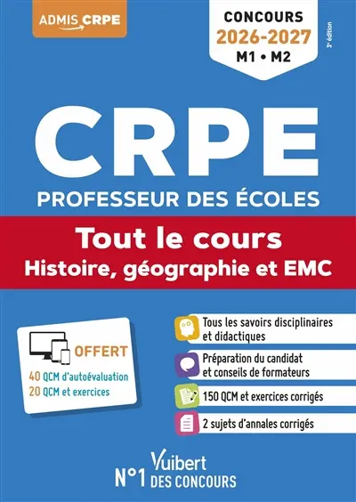 CRPE, professeur des écoles : tout le cours, histoire géographie et EMC : concours 2026-2027, M1, M2
