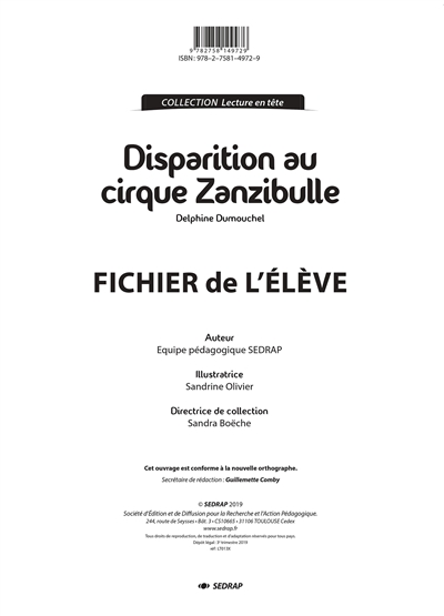Disparition au cirque Zanzibulle, Delphine Dumouchel : fichier de l'élève