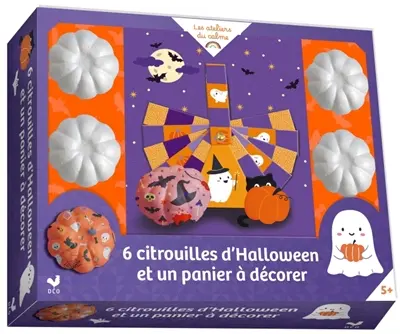 6 citrouilles d'Halloween et un panier à décorer : coffret avec accessoires