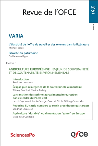 Revue de l'OFCE, n° 183. Agriculture européenne : enjeux de souveraineté et de soutenabilité environnementale