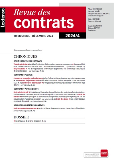 Revue des contrats, n° 4 (2024). Le renouveau de la force obligatoire