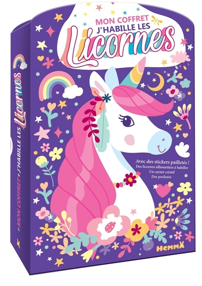 Mon coffret J'habille les licornes : Avec des stickers pailletés ! Des licornes silhouettées à habiller, un carnet créatif, des pochoirs