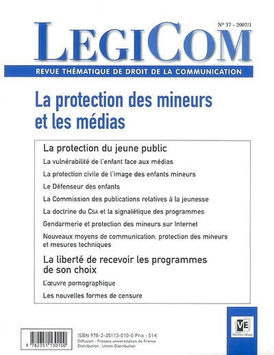 Légicom, n° 37. La protection des mineurs et les médias