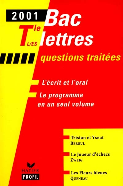 Bac lettres 2001, terminales L, ES : questions traitées : Tristan et Yseut, Béroul ; Le joueur d'échecs, Zweig ; Les fleurs bleues, Queneau