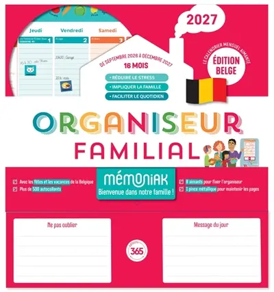 Organisateur familial 2027 : 16 mois, septembre 2026 à décembre 2027 : le calendrier mensuel aimanté, édition belge