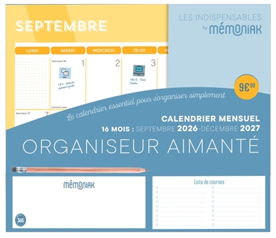Organiseur aimanté : calendrier mensuel 16 mois : septembre 2026-décembre 2027