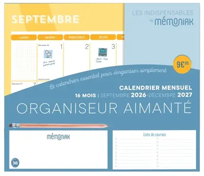 Organiseur aimanté : calendrier mensuel 16 mois : septembre 2026-décembre 2027