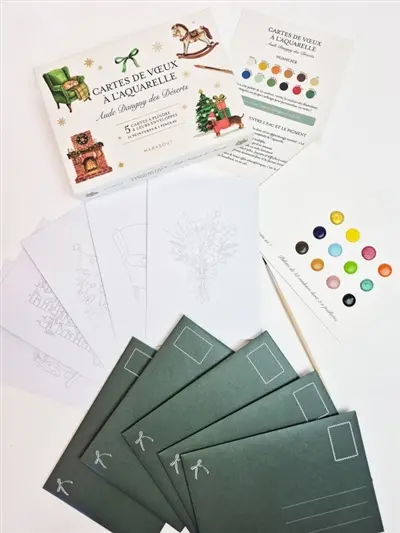 Cartes de voeux à l'aquarelle : 5 cartes à peindre & leurs enveloppes : 12 peintures & 1 pinceau