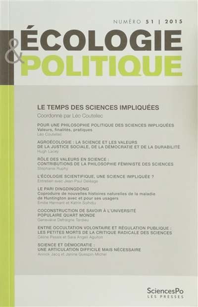 Ecologie et politique, n° 51. Le temps des sciences impliquées pour sortir du productivisme scientifique