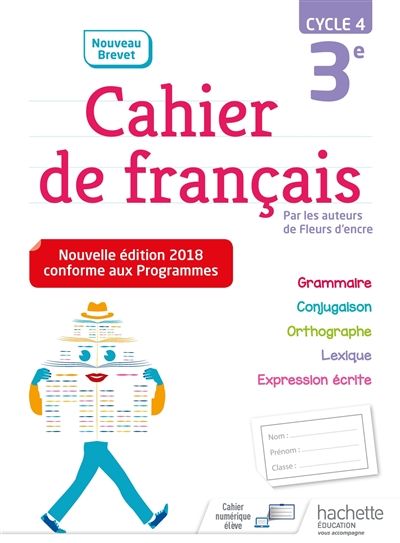 Cahier de français 3e, cycle 4 : nouveau brevet