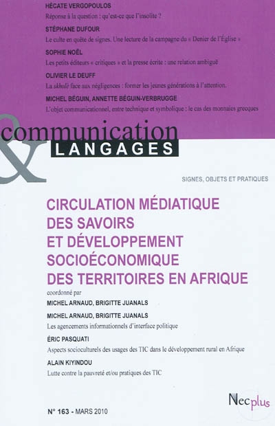 Communication & langages, n° 163. Circulation médiatique des savoirs et développement socioéconomique des territoires en Afrique