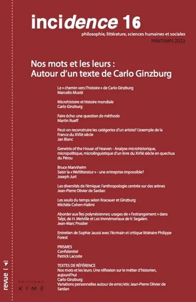 Incidence, n° 16. Nos mots et les leurs : autour d'un texte de Carlo Ginzburg