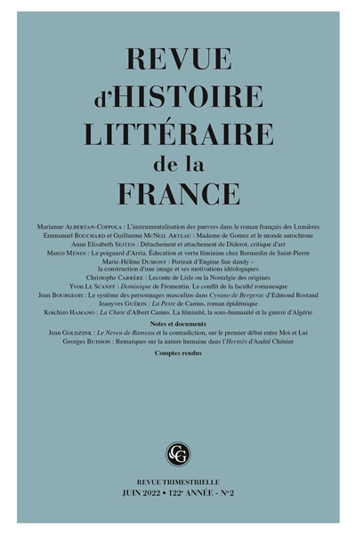 Revue d'histoire littéraire de la France, n° 2 (2022)