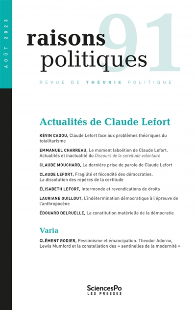 raisons politiques, n° 91. actualités de claude lefort