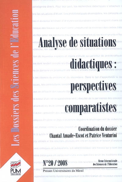 Dossiers des sciences de l'éducation (Les), n° 20. Analyse de situations didactiques : perspectives comparatistes