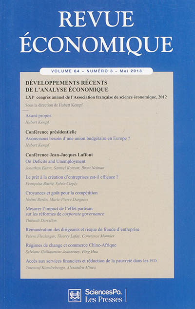 Revue économique, n° 64-3. Développements récents de l'analyse économique : LXIe congrès annuel de l'Association française de science économique, 2012