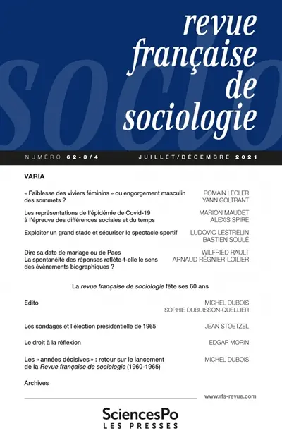 Revue française de sociologie, n° 62-3-4. Varia Revue française de sociologie, n° 62-3-4. Varia