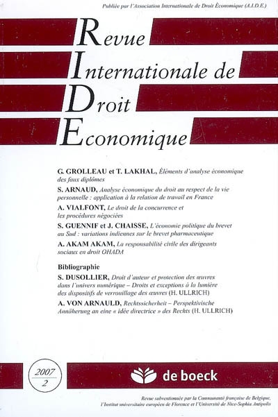 Revue internationale de droit économique, n° 2 (2007)
