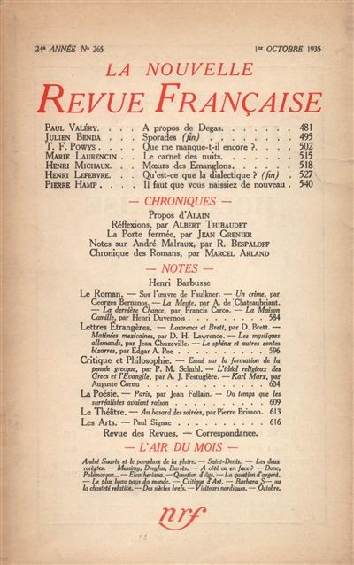 Nouvelle revue française, n° 265