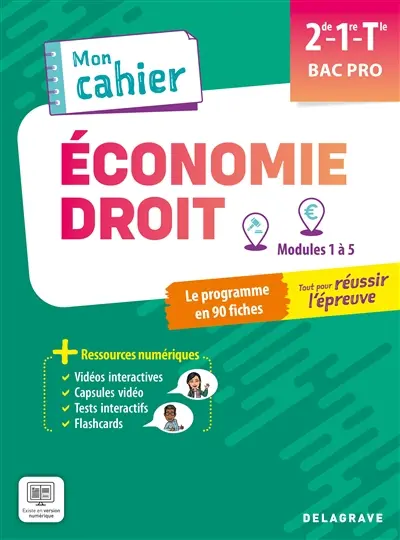 Economie, droit, 2de, 1re, terminale bac pro : modules 1 à 5 : le programme en 90 fiches, tout pour réussir l'épreuve