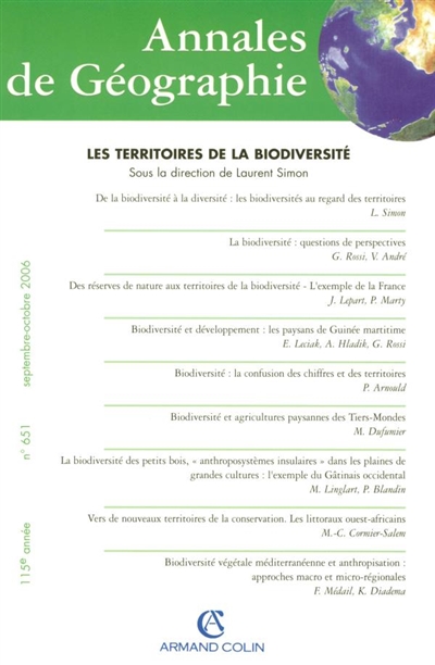 Annales de géographie, n° 651. Les territoires de la biodiversité