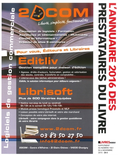 Livres Hebdo, supplément, n° 1061. L'annuaire 2016 des prestataires du livre