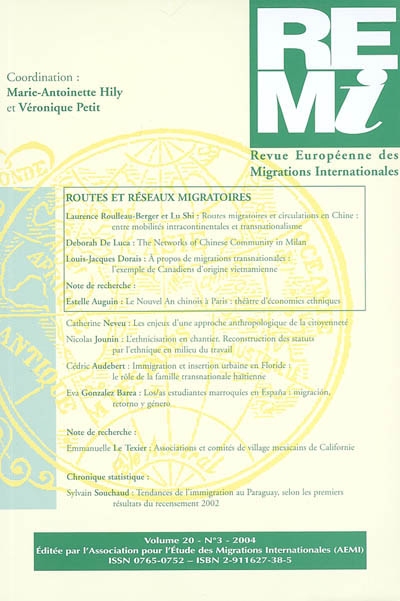 Revue européenne des migrations internationales-REMI, n° 20-3. Routes et réseaux migratoires