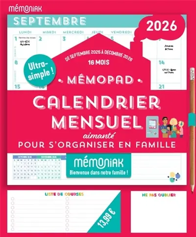 Mémopad, calendrier mensuel aimanté Mémoniak 2026 : pour s'organiser en famille : 16 mois, de septembre 2025 à décembre 2026