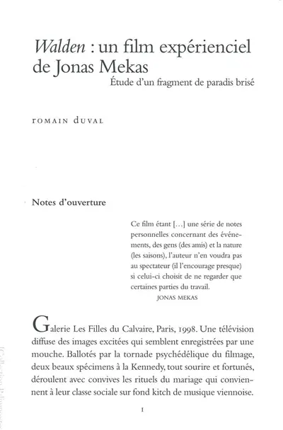 Walden : un film expérienciel de Jonas Mekas : étude d'un fragment de paradis brisé