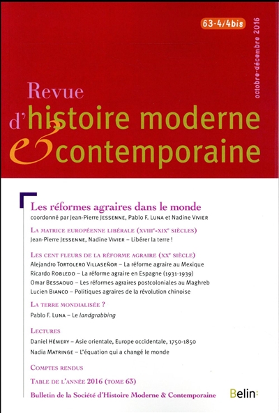 Revue d'histoire moderne et contemporaine, n° 63-4-4 bis. Les réformes agraires dans le monde