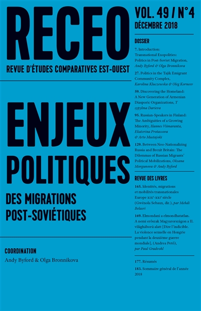 Revue d'études comparatives Est-Ouest, n° 4 (2018). Enjeux politiques des migrations post-soviétiques