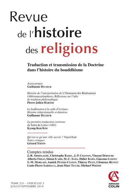 Revue de l'histoire des religions, n° 3 (2014). Traduction et transmission de la doctrine dans l'histoire du bouddhisme