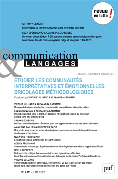 Communication & langages, n° 212. Etudier les communautés interprétatives et émotionnelles : bricolages méthodologiques